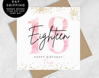 Pink and Gold 18th Birthday Card, Happy 18th Birthday Card to Daughter, Eighteenth Birthday Gifts for Her, Minimal Personalized Card Gift