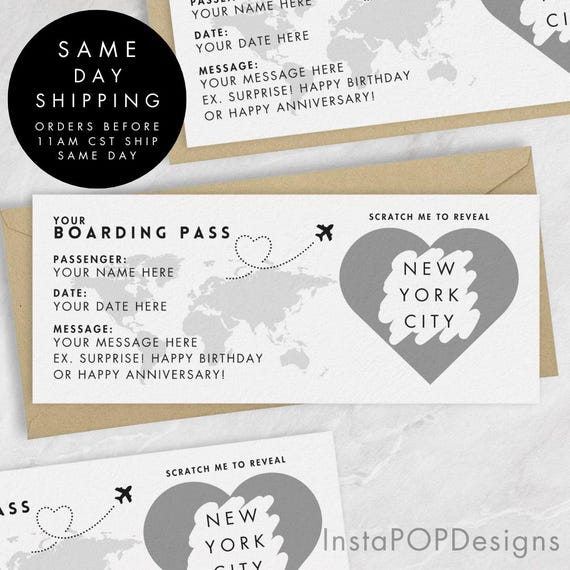 Gold Personalized Scratch Reveal Boarding Pass, Scratch Reveal For Surprise Holiday, Holiday Destination Ticket, Holiday Gift, Surprise Card