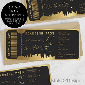 Bon de carte d'embarquement personnalisée noir et doré, Saint-Valentin vacances surprise, faux billet d'avion, billet doré personnalisé pour la ville