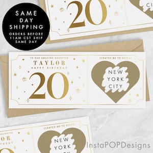 Bon cadeau carte à gratter 20e anniversaire feuille d'or, bon-cadeau personnalisé âge personnalisable, chèque-cadeau, cadeau d'anniversaire à gratter
