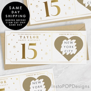 Carte à gratter pour 15e anniversaire, feuille d'or, bon cadeau d'âge personnalisable personnalisable, chèque-cadeau, cadeau d'anniversaire à gratter