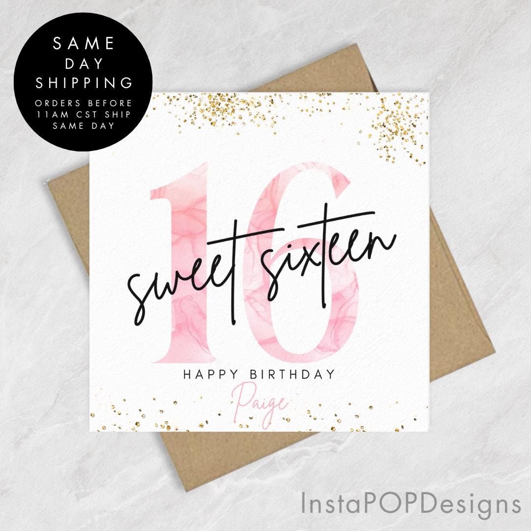 Pink and Gold 16th Birthday Card, Happy 16th Birthday Card to Daughter, Sweet Sixteen Gifts for Her, Minimal Personalized Card Gift