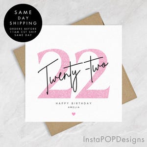 Roze glitter 22e verjaardagskaart, gelukkige 22e verjaardagskaart voor dochter, 22e verjaardagscadeaus voor haar, minimaal gepersonaliseerd kaartcadeau