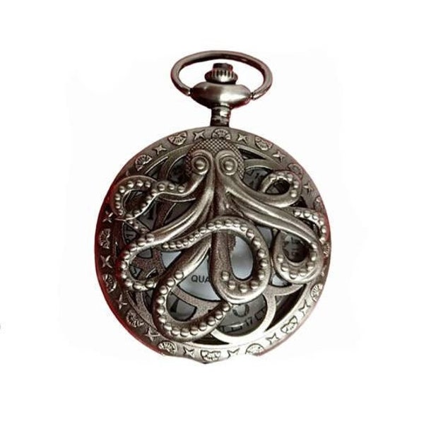 Vintage Octopus Hollow Half Hunter Quartz Pocket Watch Steampunk Bronze Pocket Watch Necklace Chain