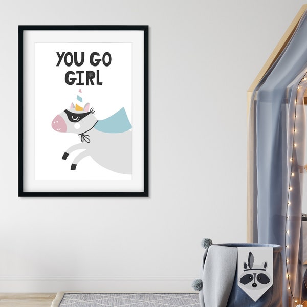 Illustrated Unicorn 'Your Go Girl' Scandinavian Style Digital Poster Print