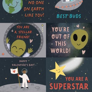 Druckbare Valentinstagskarten für Kinder - Digitaler Download Weltraum Valentinstagskarten - Astronaut UFO Alien Süße Valentinstagskarten für Jungen