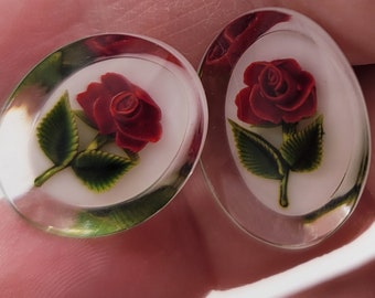 Vintage Clear Lucite Red Rose Clip On Earrings