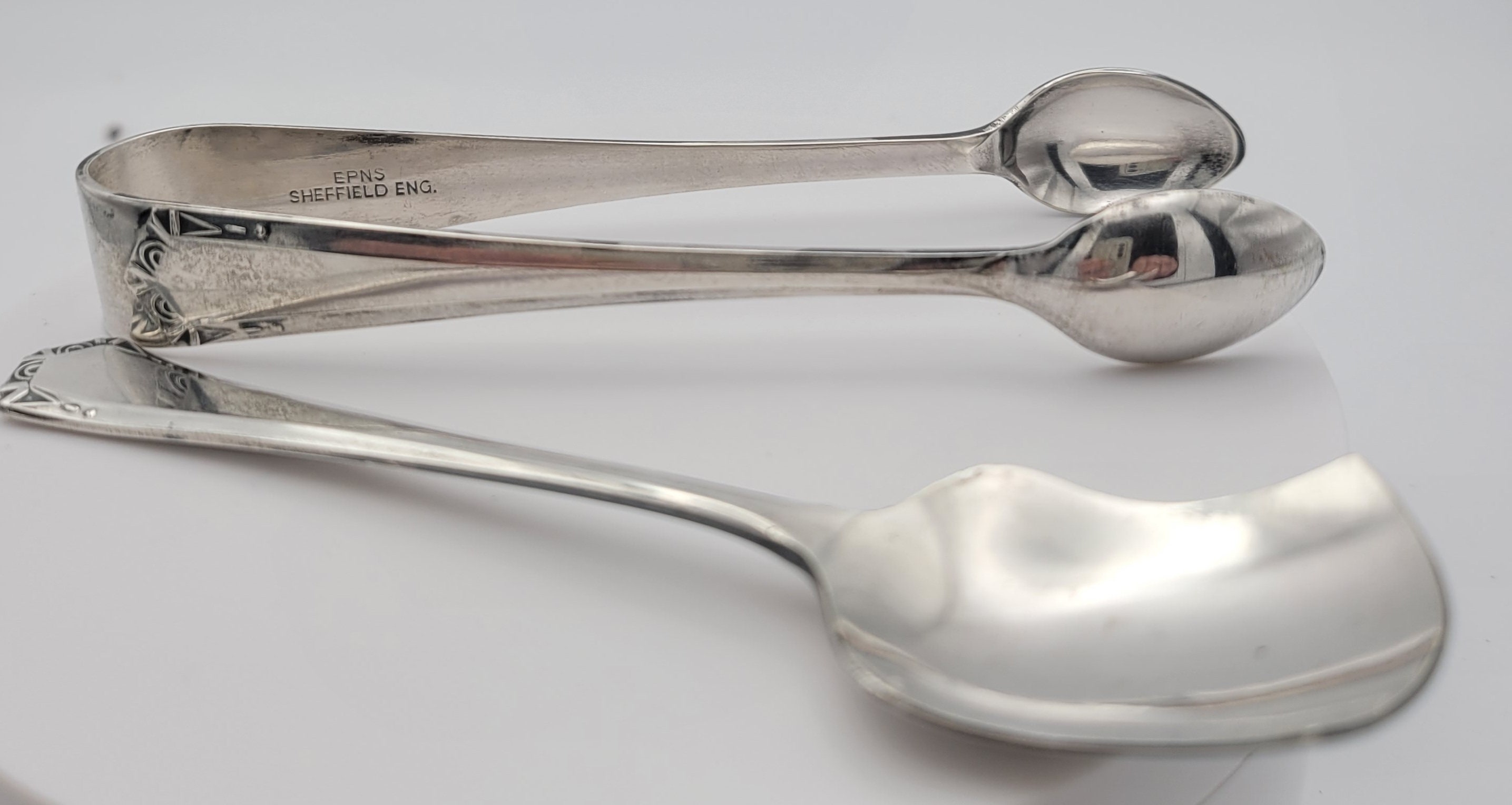 EPNS Sheffield England Sugar Tongs and Small Spool Shovel Silver Tone