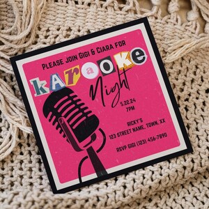 Karaoke-Partyeinladung, quadratisch, rosa, bearbeitbare Vorlage, sofortiger Download