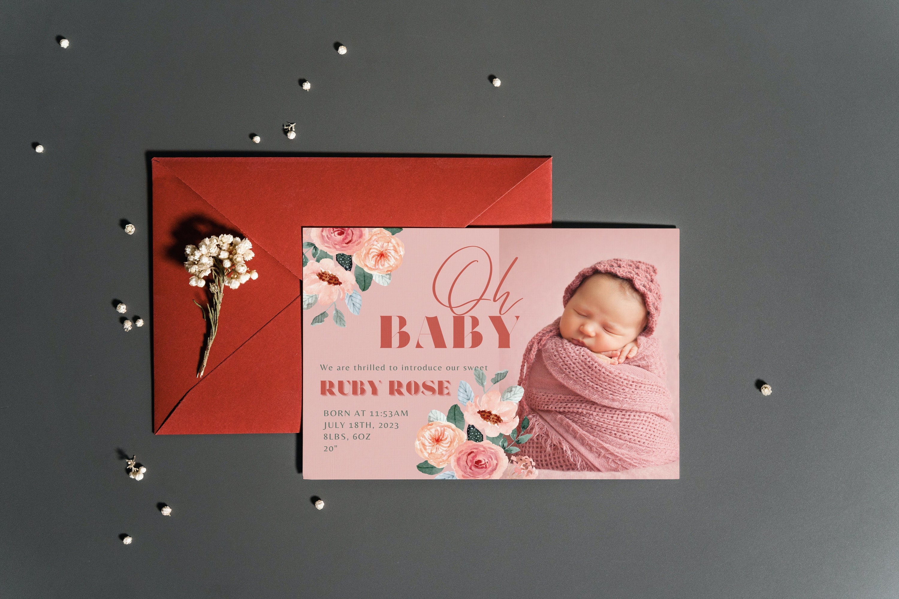 Newborn Birth Announcement Template Peach Floral Editable Instant newborn-birth-announcement-template-peach-floral-editable-instant