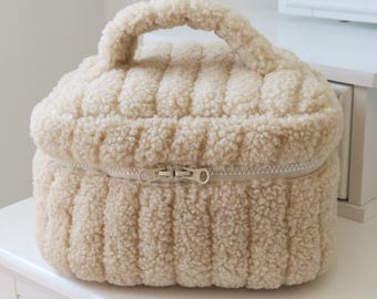 Large Quilted Sherpa Makeup Bag | Travel Toiletry Organizer