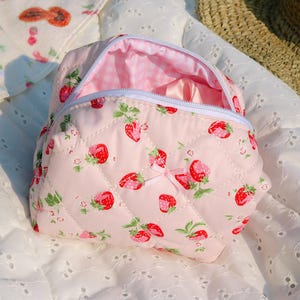 Pink Strawberry Quilted Makeup Bag – Small Cosmetic Pouch with Gingham Lining, Machine Washable Toiletry Bag, Girly Travel Organizer