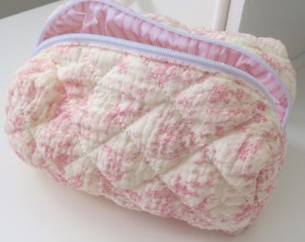 Pink Toile Quilted Makeup Bag | Wipeable Travel Cosmetic Pouch