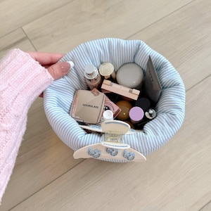 Blue Striped Makeup Puff Bucket Organizer - Cute Handmade Cotton Storage for Vanity | Soft Makeup Organizer for Girls & Gifting | Handmade