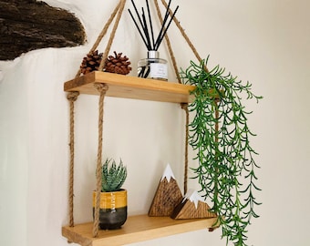 Rustic Wooden Hanging Rope Shelves | Various Tiers | 6 Briwax Finishes