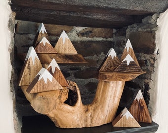 Wooden Mountain Shelf Decor | Rustic Snow Capped Range