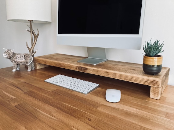Rustic Wooden Monitor Riser Stand | Desk Organiser | Scaffold Board | 6 Briwax Finishes