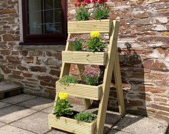 Wooden Tiered Flower Planter | Rustic Cottage Garden | Freestanding