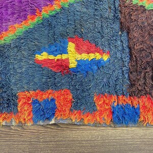 The image is a close-up of a colorful, textured rug with a geometric pattern. The rug has a mix of blue, red, and orange colors, and features a central design element that resembles a diamond shape. The rug appears to be made of wool or a similar material, and it is displayed on a wooden surface.