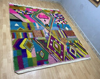 Alfombra marroquí de lana: decoración para dormitorio colorida, suave y lavable.