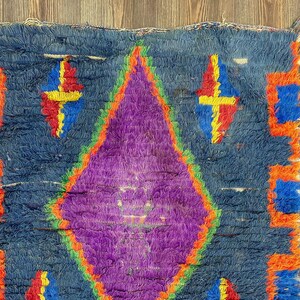 a vibrant, colorful rug with a diamond pattern in shades of purple, blue, and orange.