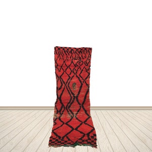 Red  Black 2x7ft Runner Rug Vintage Moroccan Hallway Decor Handmade Artistic Beni Ourain Design