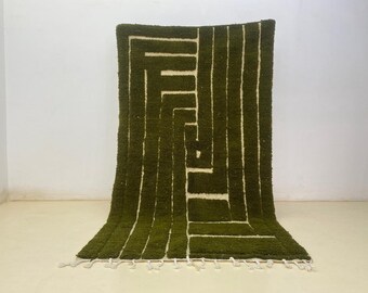 Green Bohemian Rug 5x9  Traditional Wool Carpet  Unique Beni Ourain Design Moroccan Berber Style Custom Boho Decor