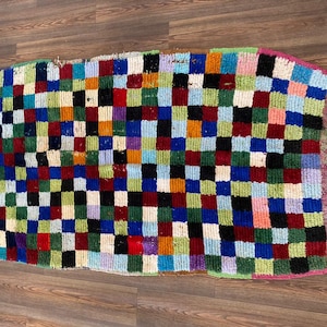 Vintage Moroccan Checkered Berber Rug 4x6 ft  Boujaad Style  Colorful Boho Decor