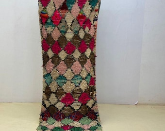 Wool Runner: Moroccan Boho Style with Vintage Geometric Patterns (7.7 x 2.4 ft).