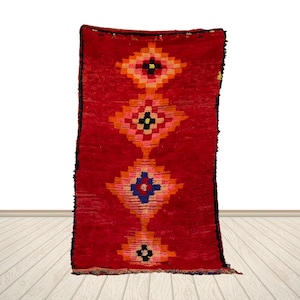 ハンドメイドモロッコウールラグ - レッドヴィンテージボヘミアン