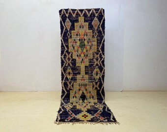 Wool Runner: Moroccan Boho Style with Vintage Geometric Patterns (8.5 x 2.6 ft).