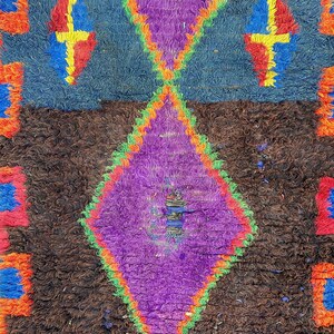 a vibrant, colorful rug with a diamond pattern and a mix of blue, purple, orange, and red hues.
