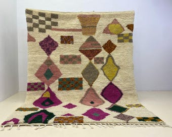 Beni Ourain Rug: Colorful Geometric Wool - Handmade Shaggy Texture(5x8 feet)