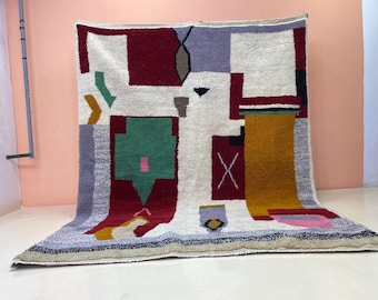 Beni Ourain Wool Rug: Colorful Geometric Design - Soft Shaggy Texture