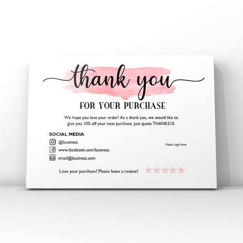 Pink Watercolour Thank You Card Small Business Thank You Card | Etsy