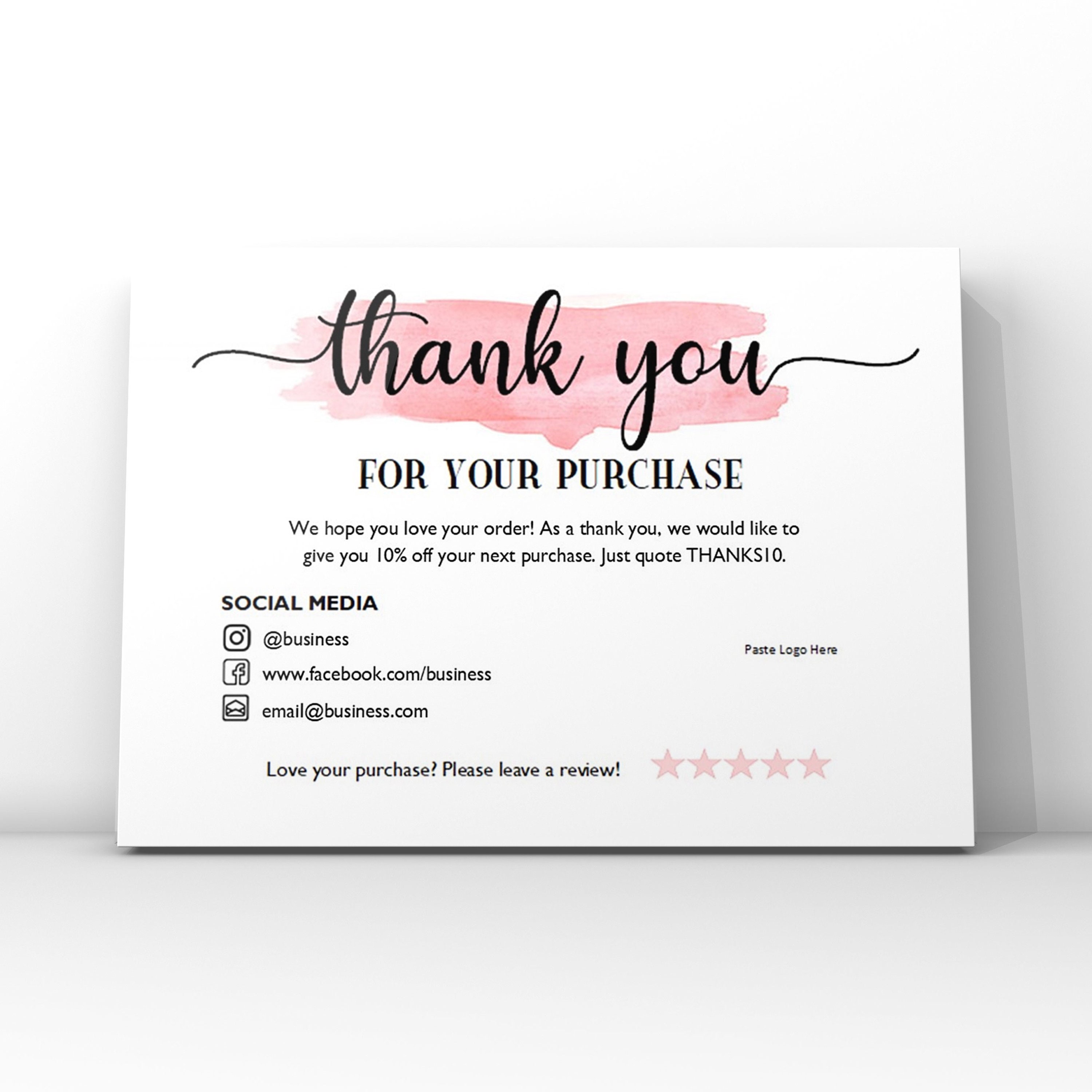 Pink Watercolour Thank You Card Small Business Thank You Card Template  Editable Thank You Card Digital Template A4 & Letter 