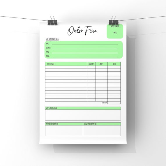 Green Order Form Template Editable Printable Order Form - Etsy