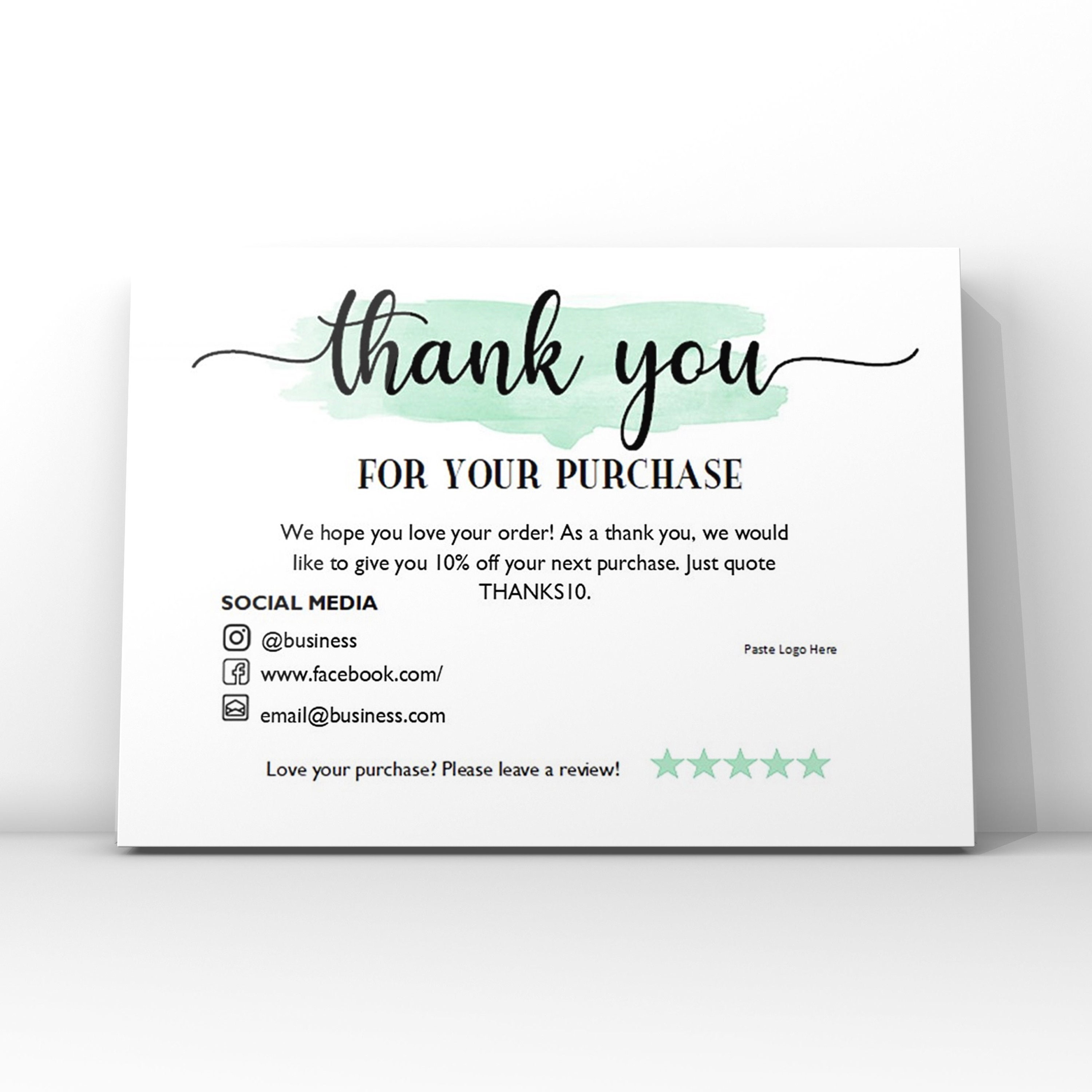 Mint Green Watercolour Thank You Card, Small Business Thank You Card