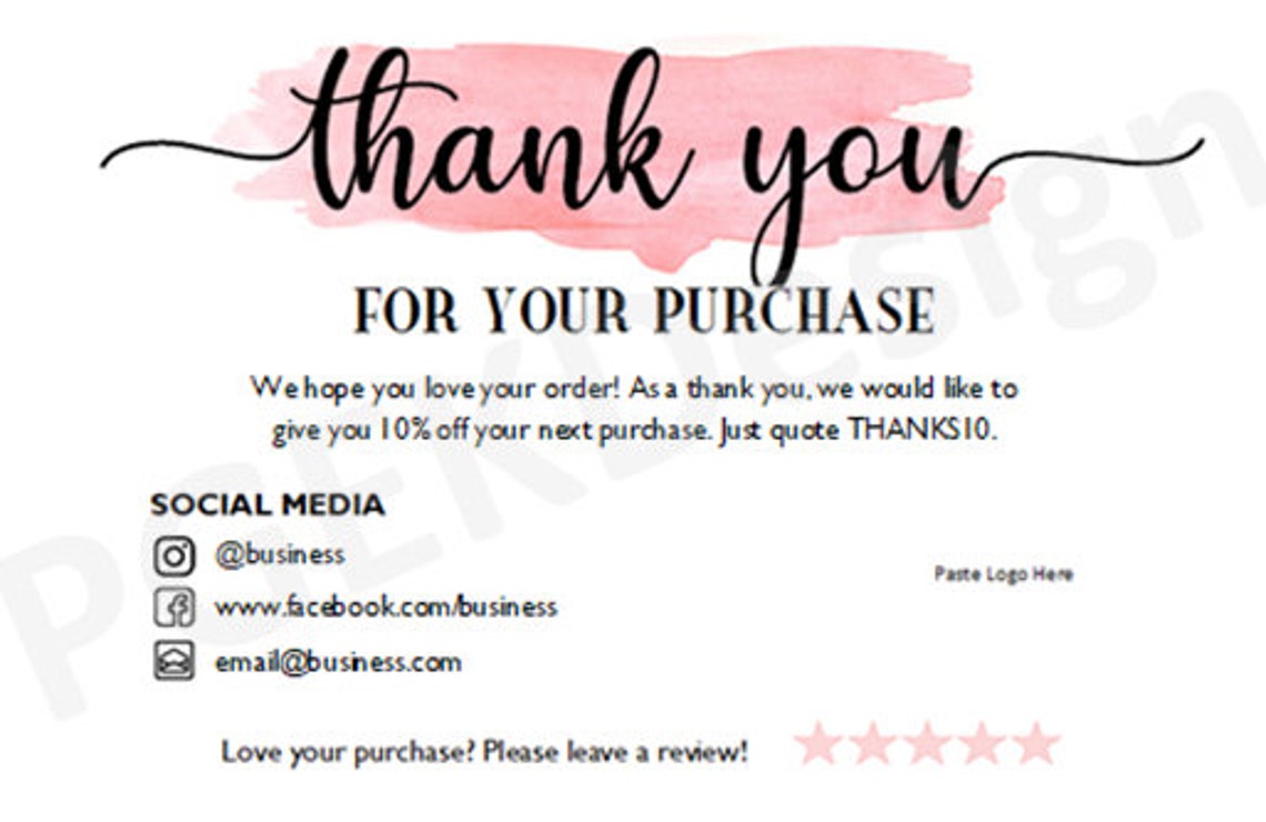 Pink Thank You Business Card Printable, Watercolor Thank You Cards ...