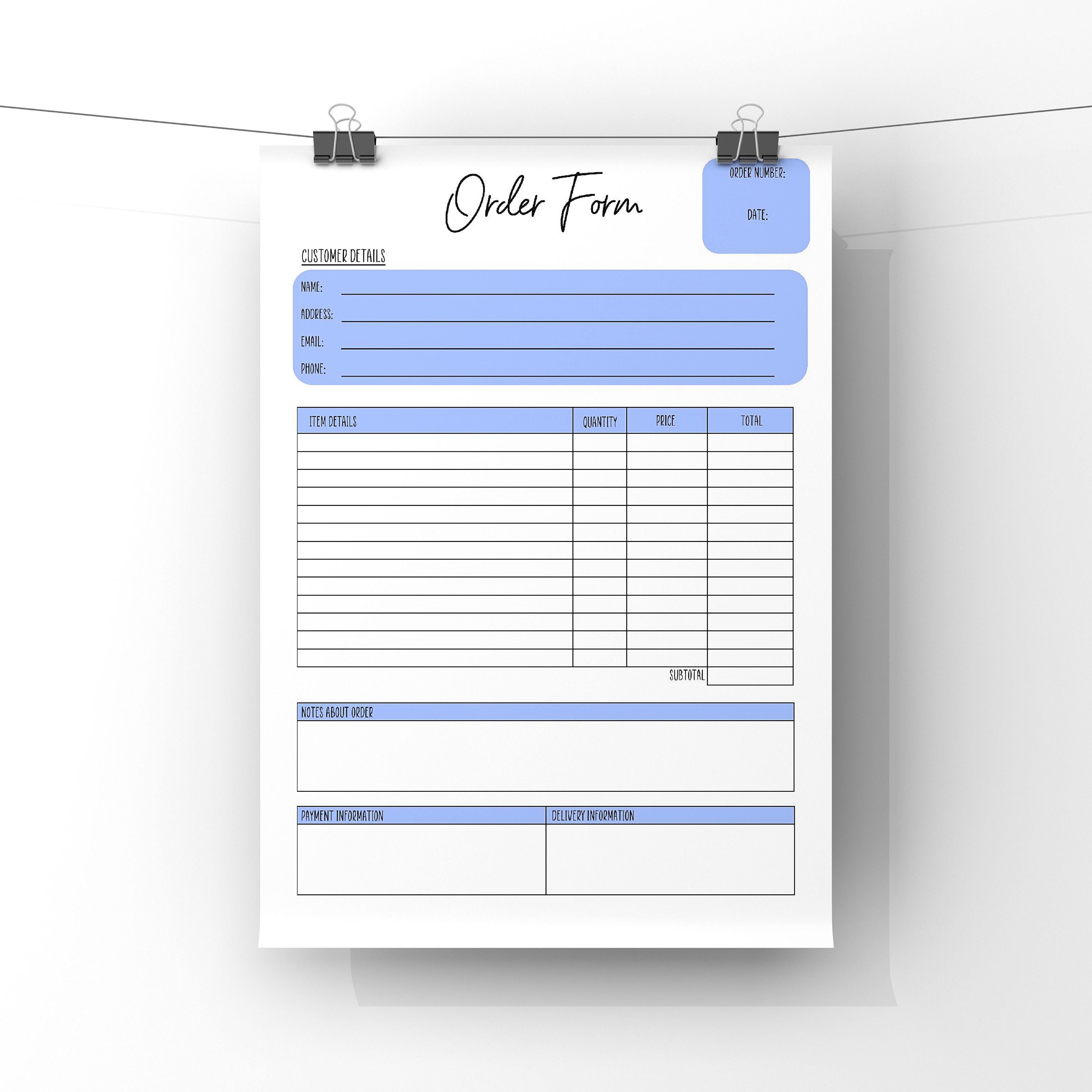 blue order form template editable printable order form etsy