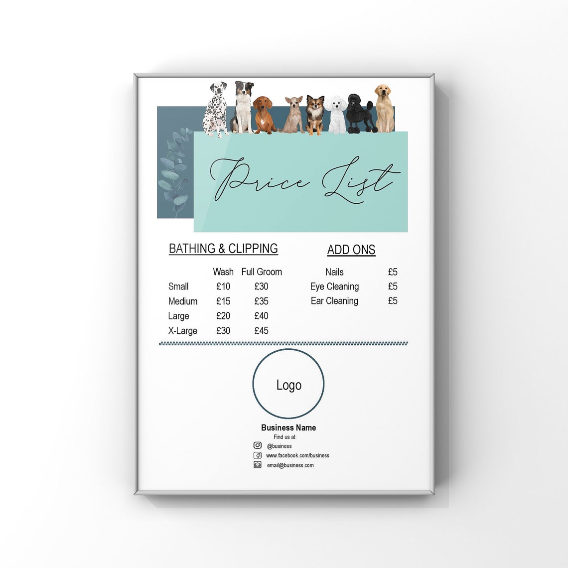 Dog Groomer Price List Template Printable Price List Teal Etsy