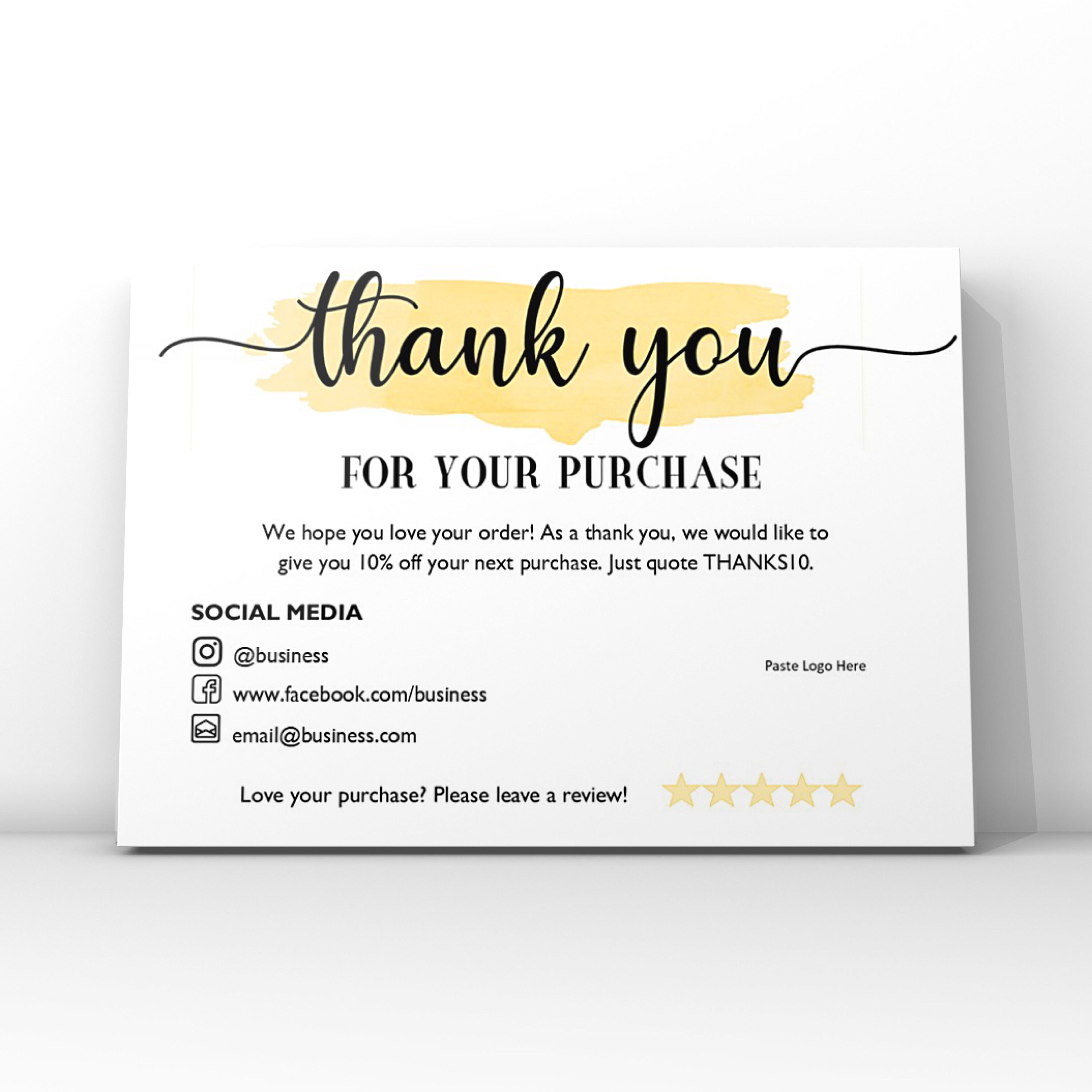 Yellow Watercolour Thank You Card Small Business Thank You Etsy
