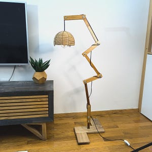 Handmade Adjustable Wooden Floor Lamp with Rattan Shade – Customizable Height 31–55 in