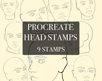 May include: Nine black and white line drawings of human heads in different angles, with the text "PROCREATE HEAD STAMPS 9 STAMPS" in the center.