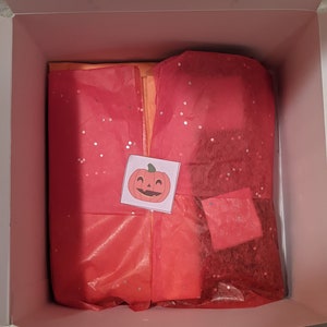 May include: A red gift box with a pumpkin sticker on it. The box is filled with red tissue paper and a small orange gift bag.