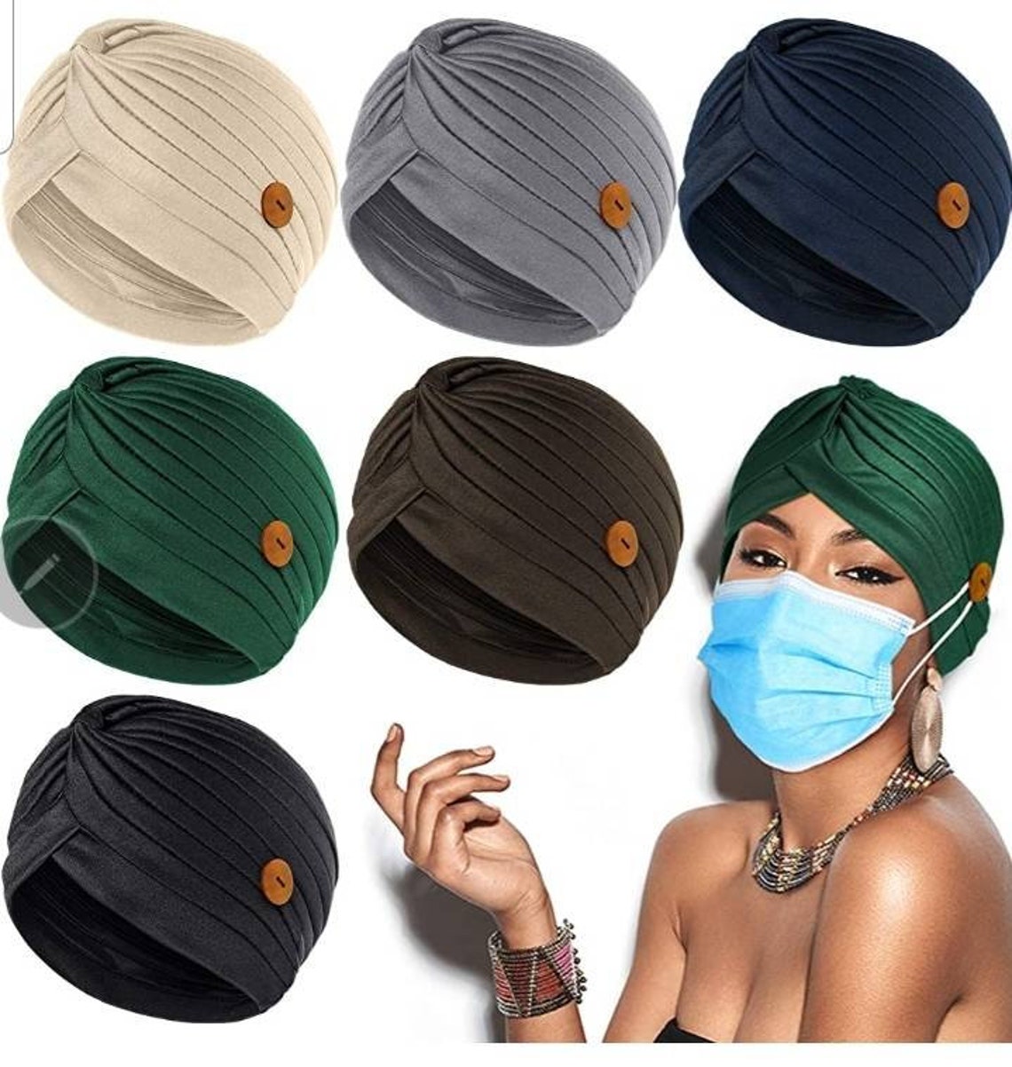 Beautiful hair turban with button to secure mask Etsy