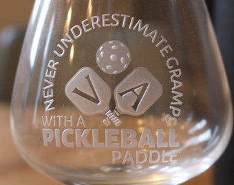 Never underestimate Gramps with a pickleball paddle! Personalized Pickleball Glass, Pickleball Gift Grandpa, Pickleball Grandad Gift