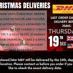 K&ouml;nnte beinhalten: Eine rot-wei&szlig;e Grafik mit dem Text "Christmas Deliveries" und "DHL Express". Die Grafik enth&auml;lt auch den Text "Last Order Date for Delivery Before Xmas: Thursday 19th Dec" mit Flaggen f&uuml;r Gro&szlig;britannien und die USA.