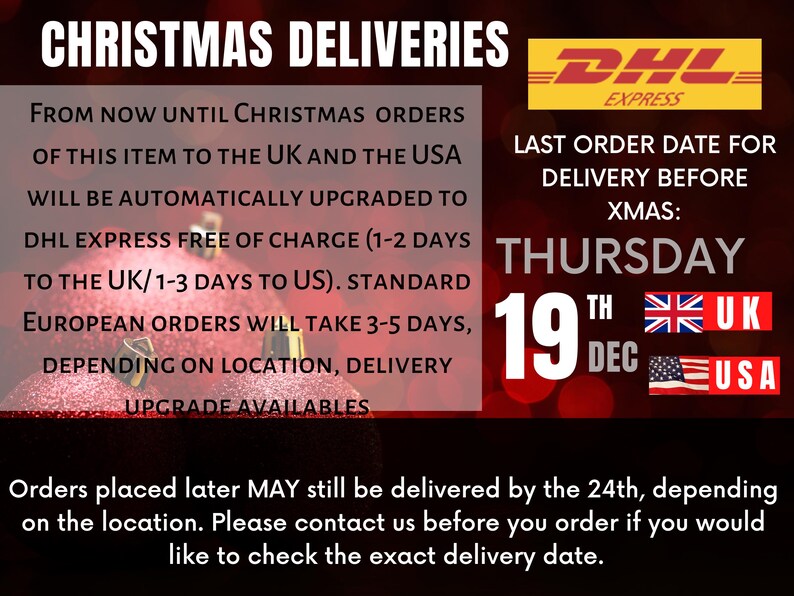 K&ouml;nnte beinhalten: Eine rot-wei&szlig;e Grafik mit dem Text "Christmas Deliveries" und "DHL Express". Die Grafik enth&auml;lt auch den Text "Last Order Date for Delivery Before Xmas: Thursday 19th Dec" mit Flaggen f&uuml;r Gro&szlig;britannien und die USA.