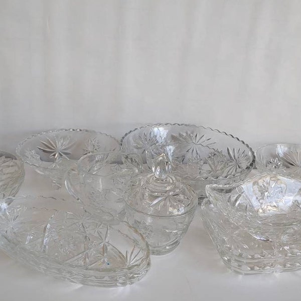 vintage Anchor Hocking Early American Precut Glass(EAPG) Star of David Assortiment de pièces Bols Assiette Plateaux Plats